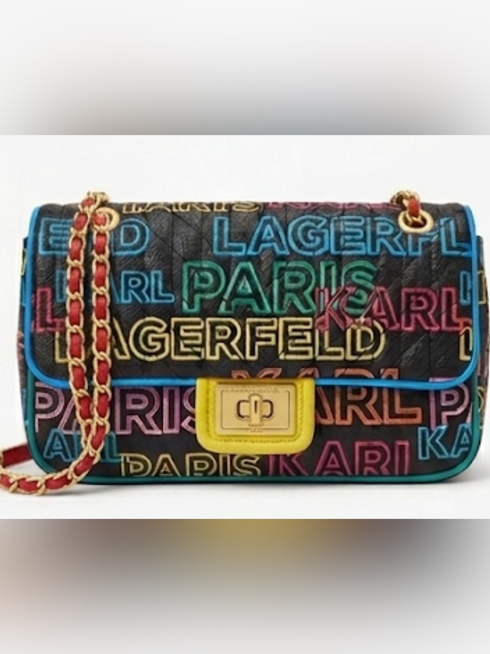 Karl Lagerfeld Paris Black Quilted Logo Clutch with Neon Accent Colors